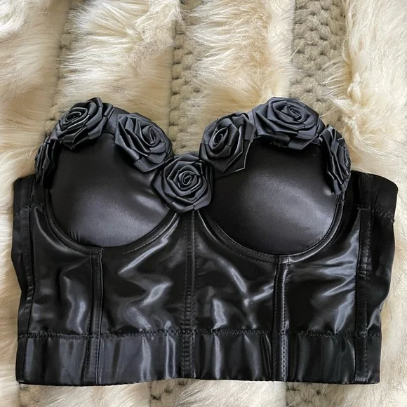 Black Satin Bustier with Floral Accents - Picture 1 of 3